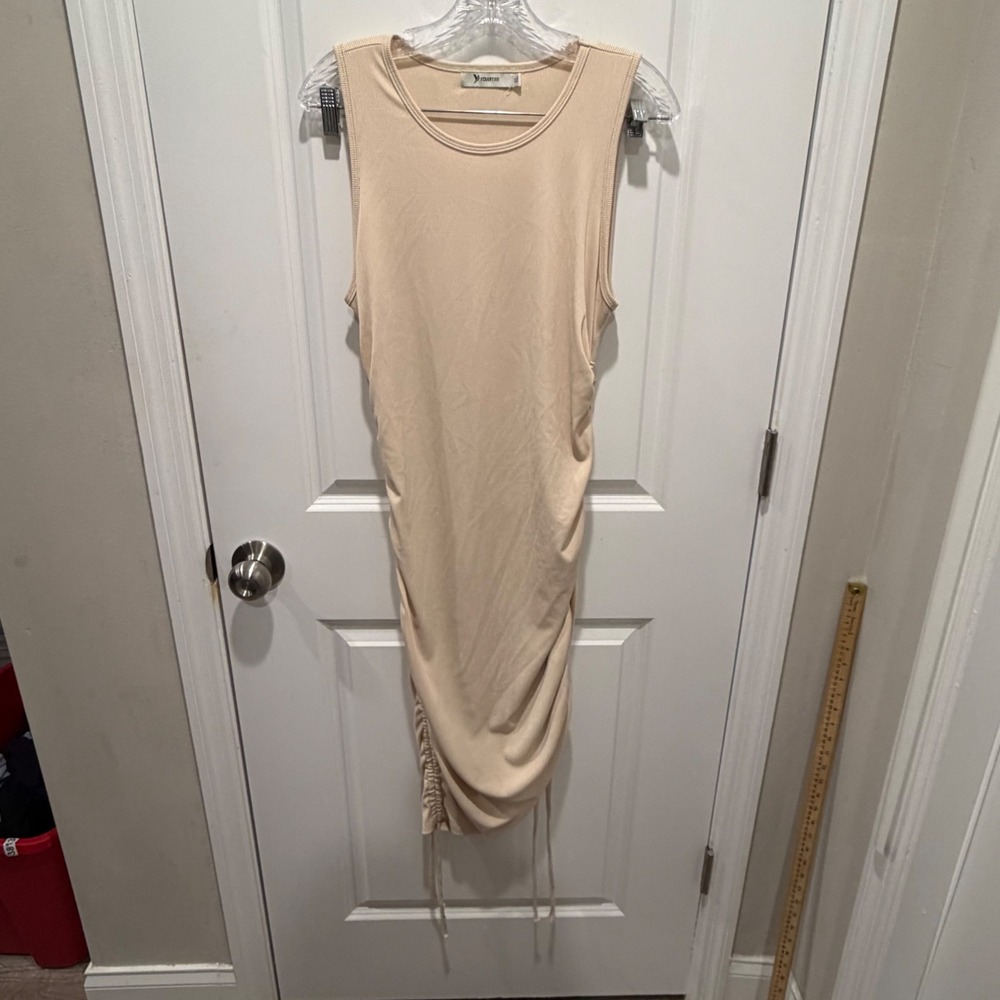 Yidarton Womens Sleeveless Ribbed Ruched Side Drawstring Bodycon Dress Beige XL